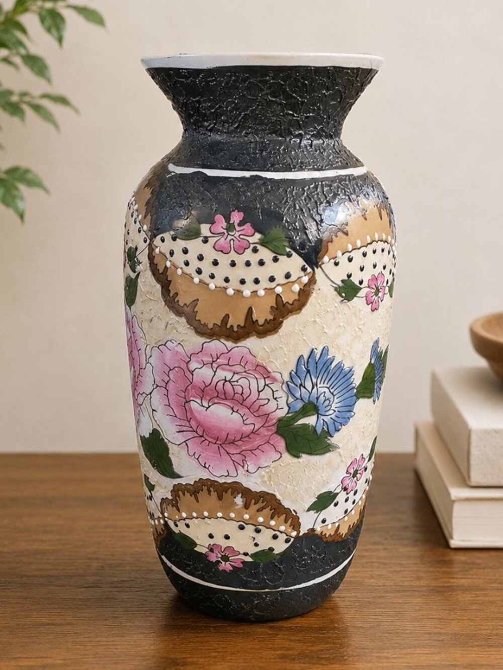Textured Chinese Floral Vase 9” Tall – Hand-Painted Peony & Crackle Glaze Accent